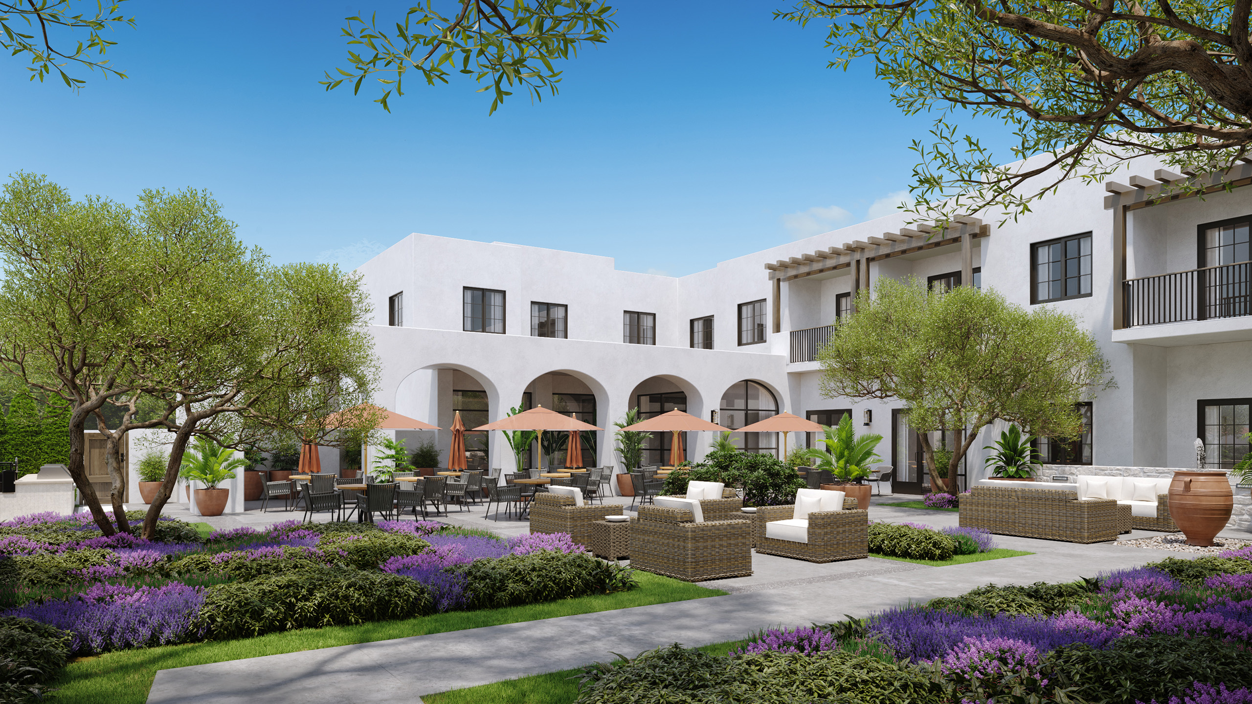 a rendering of Ananta Santa Cruz exterior of a courtyard with tables and lounge seating. treens and gardens fill in the space and a mostly clear blue sky is overhead